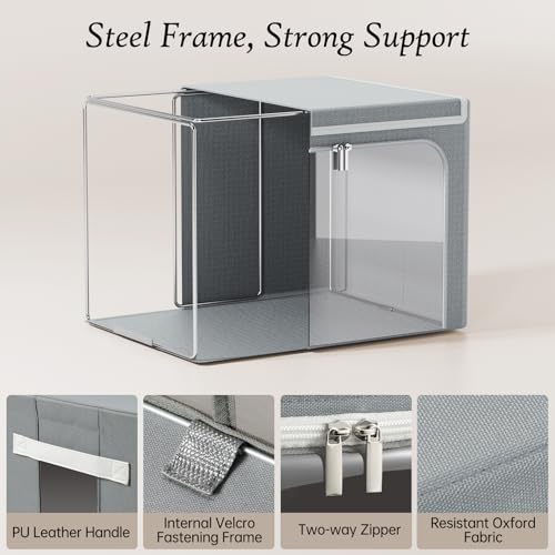 Yecaye Stackable Clothes Storage Bins with Lid, Grey, 40L, 6 Pack | Metal Frame, Foldable, Clear Window & Zippers & PU Leather Handles - color: Grey, size: Medium(6 Pack)