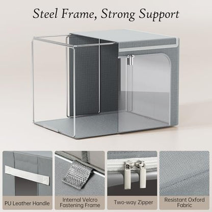 Yecaye Stackable Clothes Storage Bins with Lid, Grey, 40L, 6 Pack | Metal Frame, Foldable, Clear Window & Zippers & PU Leather Handles - color: Grey, size: Medium(6 Pack)