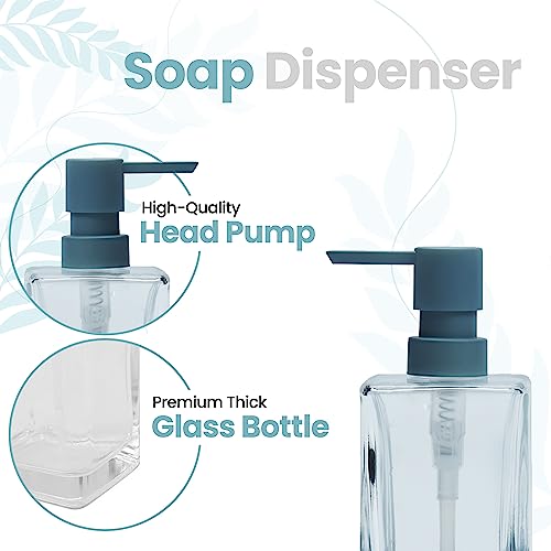 Square 3 Piece Glass Clear Lotion and Soap Pump Dispenser Set with Metal Stand Caddy for Bathroom Bath Kitchen Home Office Travel Hotel Hand Crafted Heavy Weight Spa Blue - color: Spa Blue