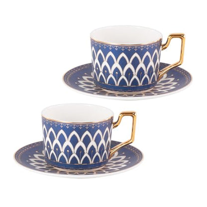 KAMMAK Tea Cups and Saucers Set of 2, Fine Bone China Coffee Cups, NX027 | Stackable Espresso Mugs, Ceramic Demitasse for Coffee, Cappuccino, Latte, Americano, Tea - size: 8CZNX027