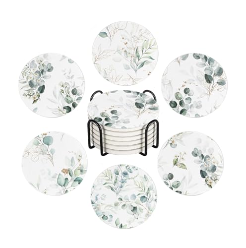 6Pcs Drink Coasters with Holder, Watercolor Green Eucalyptus Leaves Absorbent Ceramic Drink Coaster with Cork Base, Home Bar Table & Office Decor House Warming Gift - color: Green Eucalyptus
