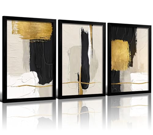 RZIGERNO 3 Pcs Black Gold Beige Abstract Wall Art, Minimalist Textured Geometric Framed Painting, Luxury Black Wood Frame Wall Decor for Living Room Bedroom, 12x16 Inches Ready to Hang - color: Black Frame Black and gold abstract, size: 16"L x 12"W
