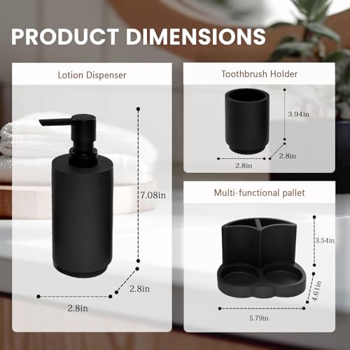 Black Resin Bathroom Accessories Set, Removable, 3 Piece Easy-to-Clean | Soap Dispenser, Toothbrush Holder, Tumbler & Countertop Organizer,Bathroom Accessory Set for Home, Apartment & Guest Bathroom