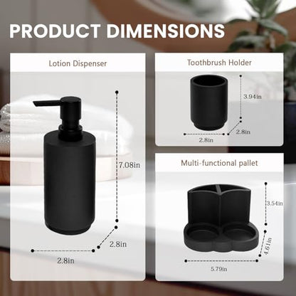 Black Resin Bathroom Accessories Set, Removable, 3 Piece Easy-to-Clean | Soap Dispenser, Toothbrush Holder, Tumbler & Countertop Organizer,Bathroom Accessory Set for Home, Apartment & Guest Bathroom