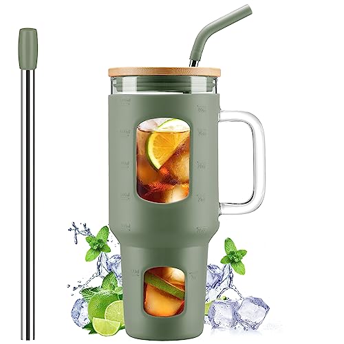 WINSA Glass Tumbler with Straw and Lid, 40 oz, Olive | Iced Coffee Cup with Handle, Glass Water Bottles with Time Marker, Silicone Sleeve - color: Olive, size: 40 Ounces