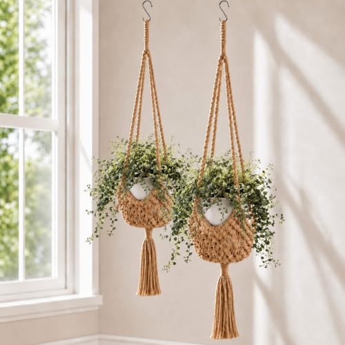Shappy 2 Pack Boho Macrame Plant Hanger, Large Hanging Planter Plant Holder Pot Hanger Hanging Basket Wall Planters, Plants Lover Gift for Indoor Garden (Spiral Knot,Jute Color) - color: Jute Color, size: Style D