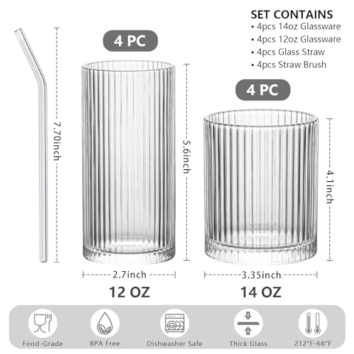 INSETLAN Set of 8 Vintage Glassware - 4 Highball Glasses 12 oz, 4 Rocks Glass Cups 14 oz, Ribbed Glassware Cocktail Glasses, Ideal for Wine, Juice, Water, Ice Coffee Cup, Whiskey, Mixed Drinkware