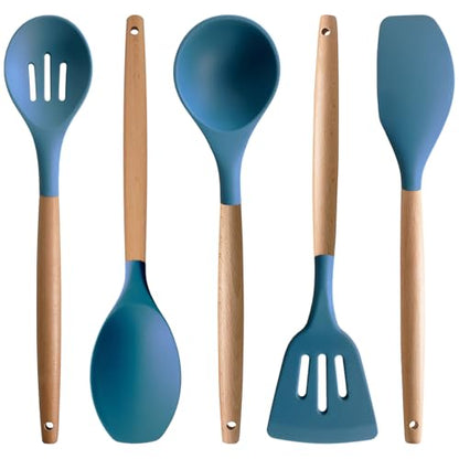 Silicone Kitchen Cooking Utensils Set 5Pcs Non-Stick Silicone Kitchen Utensils Set Spatula Spoon Turner Ladle with Wooden Handle, Heat Resistant Cooking Gadgets for Nonstick Cookware BPA-FREE - color: Blue, size: Standard 5-Piece Set
