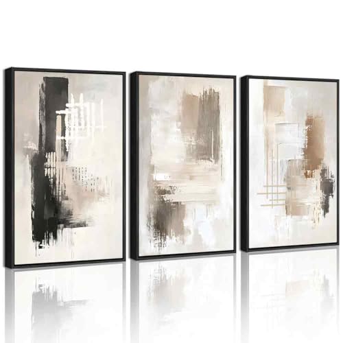 PHOPAGO Abstract Framed Wall Art Large 16x24in Mid Century Modern Minimalist Beige Pastel Watercolor Neutral Wall Decor for Living Room Bedroom - Black Framed - color: Gray Abstract, size: 24L" x 16W" x 3 Pcs Black