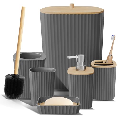 Clara Clark Bathroom Set - Grey Bathroom Accessories Set, 6PC Bathroom Accessory Set, Bathroom Sets with Toilet Brush, Trash Can & Soap Dispenser - color: Grey, size: Complete Set