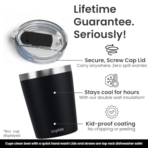 CUPKIN Toddler Tumblers, The Original 12 oz Stackable Stainless Steel Cups, Set of 2 Powder Coated Insulated Kids Water Bottle Alternative + BPA Free Lids + Reusable Silicone Straws (Black + White) - color: Black/White, size: 12 Fl Oz (Pack of 2)