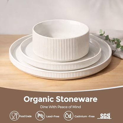 GBHOME Stoneware Dinnerware Sets for 4, 12 Pieces Plates and Bowls Set | Lightweight Ceramic Ribbed Dishes, Reactive Glaze Stackable Plate Set, Scratch Resistant, Microwave & Dishwasher Safe,White - color: White