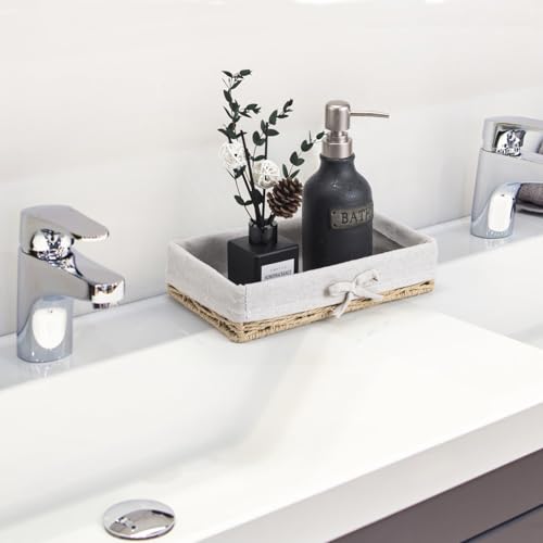Bathroom Tray Wicker Toilet Paper Basket Toilet Tank Trays for Countertop Storage Behind Bathroom Tray Organizer Toilet Tank Top Basket Suitable for Any Home Décor Style (9.8x5.9x2.36 In, Beige)
