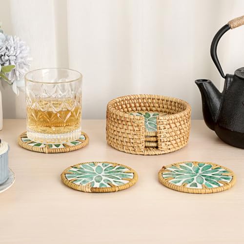 Boho Coastal Coasters Set of 6, Handmade Coasters with Holder - Cup Mat for Coffee Table, Boho Coaster for Home Décor Accents, Heat Insulation, Rattan & Mother of Pearl, 4 Inch(Green Leaf) - style: Green Leaf