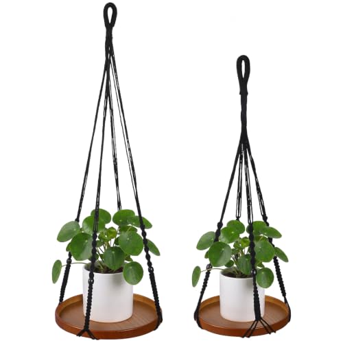 2 Pack Macrame Plant Hanger, 41'' & 32'' Plant Hanger Indoor Set with 12'' & 9.8'' Wood Trays, Bohemian Hanging Planter with Hooks for Living Room Window, Home Decor