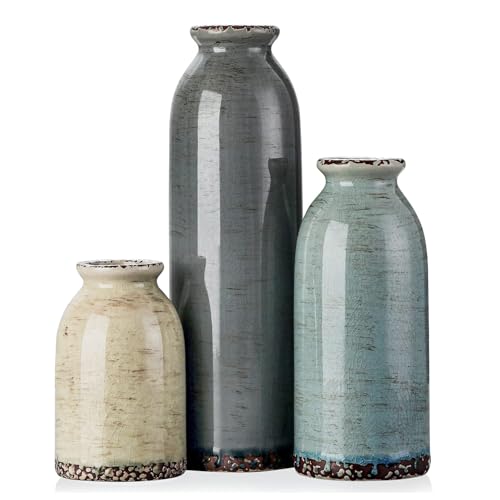 CWLWGO-Ceramic Flower Vase Set of 3, Pottery Decorative Vases for Modern Farmhouse, Living Room Kitchen Table Centerpieces, Idea Bookshelf Mantel and Entrance Decor - Multicolor - color: Blue