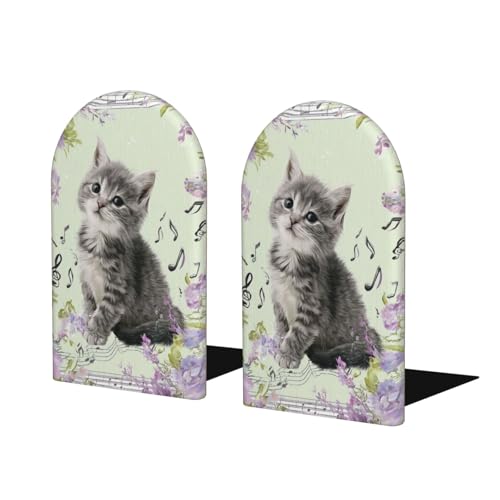 Cat Musica Notes Flowers Wooden Bookends for Shelves Decorative Book Ends Universal Book Organizer Holder for Office, Heavy Books, Vinyl Records - color: Cat Musica Notes Flowers