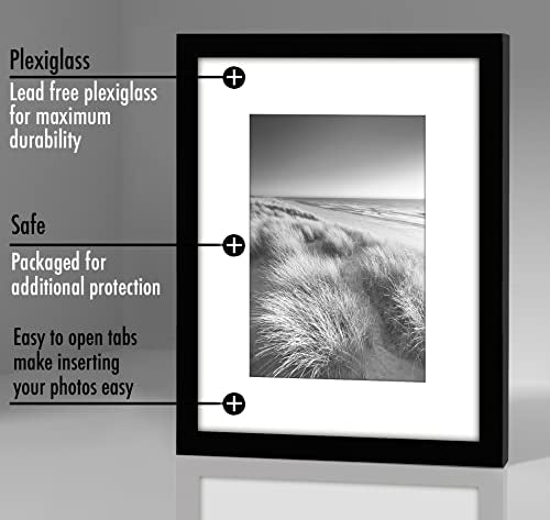 Americanflat 8x10 Picture Frame 2-Pack - Matted to 5x7 - Black | Slim Molding construction, Polished plexiglass front, wall or tabletop display with included easel, sawtooth hangers included - color: Black, size: 8X10