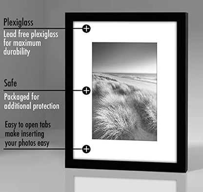 Americanflat 8x10 Picture Frame 2-Pack - Matted to 5x7 - Black | Slim Molding construction, Polished plexiglass front, wall or tabletop display with included easel, sawtooth hangers included - color: Black, size: 8X10