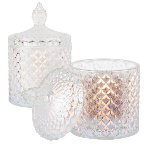2 Pack Qtip Holder Apothecary Jars with Lid, Thick Glass, Iridescent Clear | Bathroom Canisters Storage Organizer for Cotton Swabs, Balls, Pads, Floss Picks, Candy, Jewelry, Bathroom Decor - color: Iridescent, size: 10 oz (2 pack)