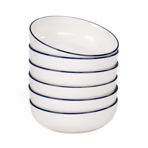 OTAGO 8" Stoneware Salad and Pasta Bowls Set of 6, Porcelain Ceramic Bowls with Blue Rim, Microwave & Dishwasher Safe Tableware for Kitchen, Dinner & Dining - color: Blue Rim, size: 6 Pieces