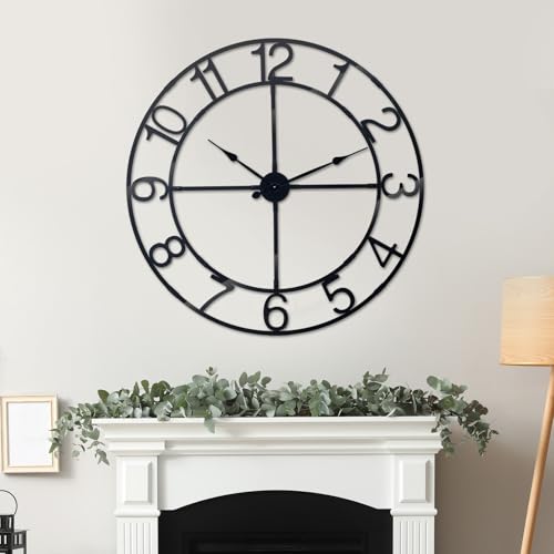 48in Large Silent Wall Clock, Easy Assembly Arabic Numeral Black | Non-ticking metal farmhouse wall clock, KD assembly, battery operated, oversized living room decor - color: Black, size: 48inch