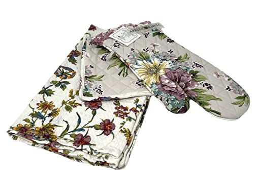 April Cornell Plum Floral 4-pc. Kitchen Linen Gift Set with 2 Tea Towels, 1 Oven Mitt & 1 Pot Holder | 100% Cotton | Summer Botanical Floral, Plum