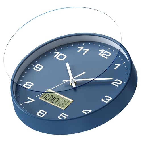 12 Inch Wall Clock, Silent Non-Ticking Analog with LCD Display, Battery Operated, Perpetual Calendar, Date, Weekday & Temperature (°C/°F), Tempered Glass for Living Room, Bedroom, Kitchen, Office