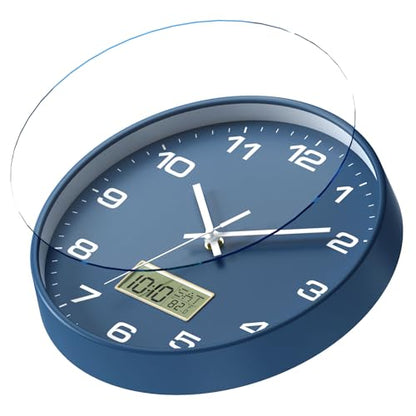 12 Inch Wall Clock, Silent Non-Ticking Analog with LCD Display, Battery Operated, Perpetual Calendar, Date, Weekday & Temperature (°C/°F), Tempered Glass for Living Room, Bedroom, Kitchen, Office