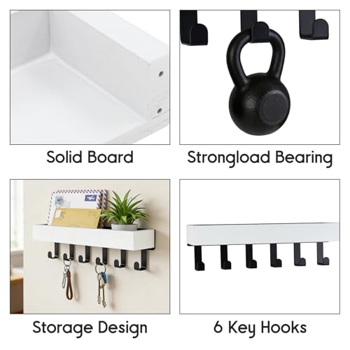 Key Holder Wall Mount with 6 Hooks, Drilling Key Holder for Wall with Wooden Tray, Multifunctional Key Rack with Mail Organizer for Entryway Living Room(White) - color: White