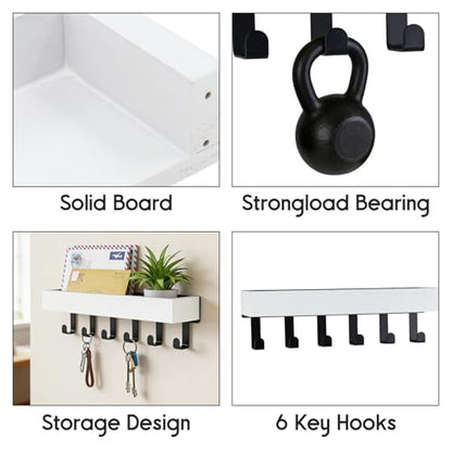 Key Holder Wall Mount with 6 Hooks, Drilling Key Holder for Wall with Wooden Tray, Multifunctional Key Rack with Mail Organizer for Entryway Living Room(White) - color: White