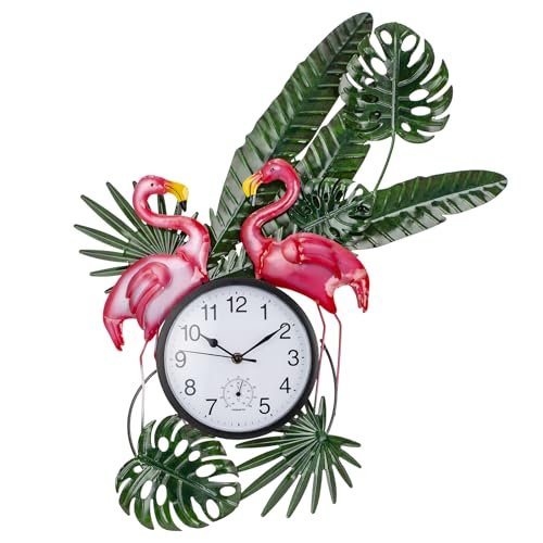 Outdoor Clock and Thermometer Combo | Silent Non-Ticking, Flamingo Outdoor Wall Clock, Metal Wall Art Decor for Patio, Garden, Home Decor - style: Flamingo with Leaves
