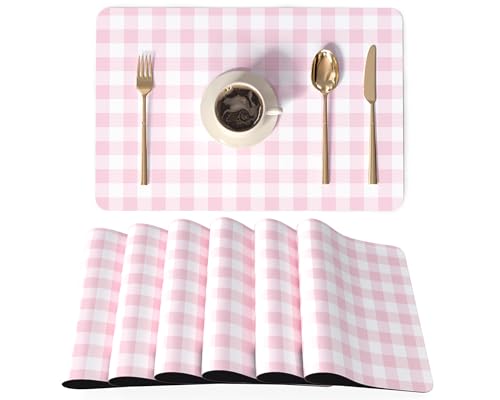 QIYI PU Leather Placemats Set of 6, 12"x18" Waterproof Table Mats, Gingham | Faux Leather, Heat Resistant, Anti Slip, Wipeable Place Mats for Kitchen Dinning, Party Table Décor, Pink Gingham Check - color: Pink Gingham Check, size: Set of 6