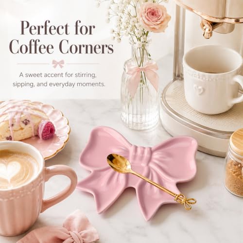 Pink Bow Spoon Rest for Stove Top, Cute Ceramic Spoon Holder | Kitchen Countertop, Coquette Utensil Rest, Sweet Kitchen Decoration, Women Cooking, Housewarming Gift, 5.3 x 4.5 Inches - style: Bow