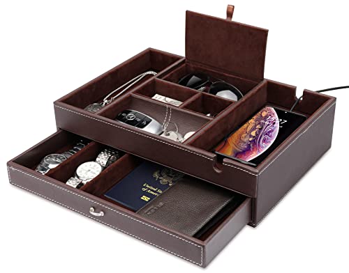 Baoyun Valet Tray for Men, 2 Layers Nightstand Organizers for Men and Women, Leather Jewelry Storage Box, Mens Dresser Top Organizer, Catch All for Jewelry Key Wallet and Phone (Brown) - color: Double-deck Brown