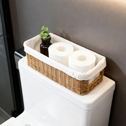 YRMT Rattan Toilet Tank Basket Toilet Paper Storage Baskets for Bathroom Handwoven Toiletry Countertop Organizer Water-Resistant Home Decor 14" x 6" x 4" (Rattan)