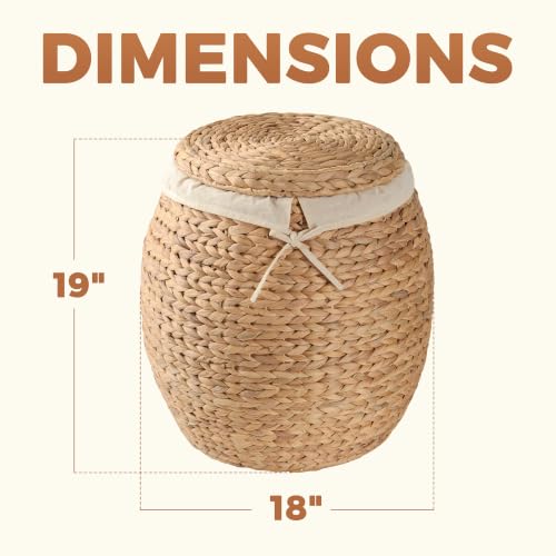 Wicker Basket with Lid Decorative Storage - Large Blanket Basket for Living Room, Plants, Organization, Handwoven Water Hyacinth Material w/Removable Cotton Liner & Tall Round Design