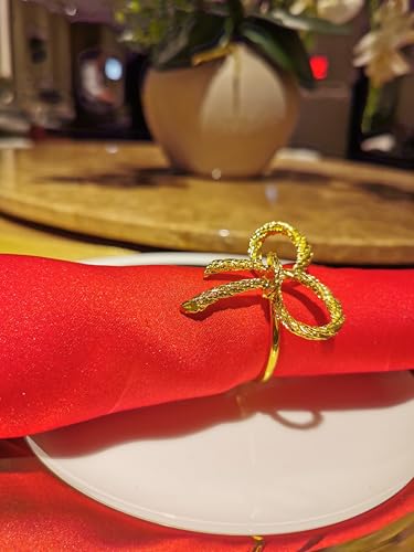 Gold Bow Napkin Rings Set of 4, Shiny Bow Style Holders | Classic bowknot design with polished gold finish adds elegance to Christmas, Thanksgiving, holidays and dinner parties.