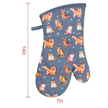 Oven Mitts 1 Pair, Non Slip Clear Silicone Printed Rooster Kitchen Gloves | Heat Resistant 480 ℉ Comfortable Cotton Lining Kitchen Men Cooking Barbecue Machine Washable (Cat, Grey mitts) - color: Cat, Blue Mitts