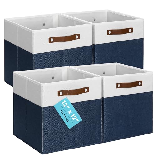 OrganiHaus 12x12 Cube Storage Bins, Set of 4 - Fabric Storage Cubes | Sturdy, holds its shape; odor-free; fits 12-inch cube shelves; vegan leather handles - color: Navy Blue Base / Off-White, size: (12x12) Leather Handles