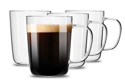 LUXU Glass Coffee Mugs, 17 oz Ice coffee cups,Large Beer Mugs Set of 4 | Everyday Drinkware,Water Glass,Glass Drink Tumblers,Bar Glassware,Borosilicate Glass Mugs with Handle for Hot/Cold Beverages - style: 17 oz coffee mugs
