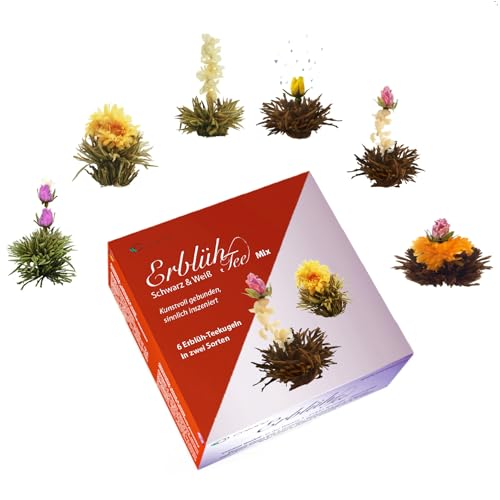 Creano Blooming Tea Gift Set with Glass Pot 17oz/500ml with 6 Flowering-Tea each 3pcs White & Black Tea