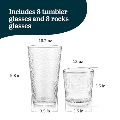 Libbey Yucatan Textured Tumbler & Rocks Drinking Glasses Set of 16 | Jumbo Margarita Glass Cups with 16.2 oz and 13 oz Capacities for Frozen Cocktails, Mocktails & Entertaining - color: 06 - Yucatan Frost