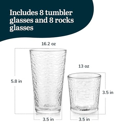Libbey Yucatan Textured Tumbler & Rocks Drinking Glasses Set of 16 | Jumbo Margarita Glass Cups with 16.2 oz and 13 oz Capacities for Frozen Cocktails, Mocktails & Entertaining - color: 06 - Yucatan Frost