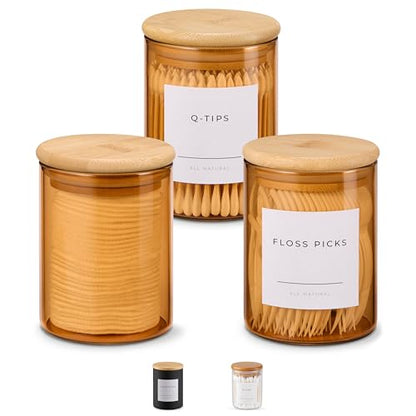 Mini Glass Apothecary Jars with Bamboo Lids, Small Bathroom and Kitchen Storage Containers, For Cotton Balls, Pads and Swabs, 10 oz, Set of 3 (Amber) - color: Amber