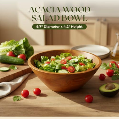 Aurah Salad Bowl, 3.8 Qt Acacia Wood Mixing & Serving Bowl, Medium Size | Kitchen & Outdoor Dining Wooden Bowls for Salad, Pasta and Fruits, 9.7" Diameter x 4.2" Height - size: Medium