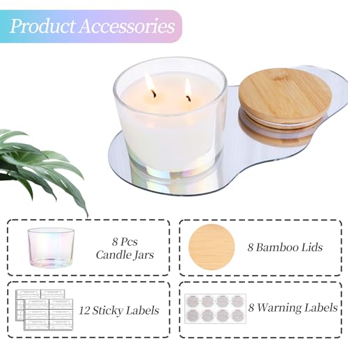 CONNOO 8 Pack 12 oz Iridescent Glass Wide Mouth Candle Jars | For Making Candles, Airtight Bamboo Lids, Sticky Warning Labels, Empty Container Bulk, Dishwasher Safe - color: Iridescent