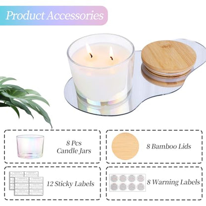 CONNOO 8 Pack 12 oz Iridescent Glass Wide Mouth Candle Jars | For Making Candles, Airtight Bamboo Lids, Sticky Warning Labels, Empty Container Bulk, Dishwasher Safe - color: Iridescent