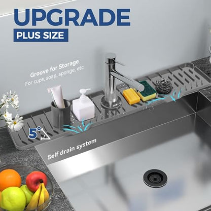 24" Splash Guard Plus Size Silicone Sink Faucet Drying Mat Handle Drip Catcher Tray Dish Sponge Holder Kitchen Accessories Protector Home Organization Gadgets Organizer - size: Grey: 23.4"x5.7"