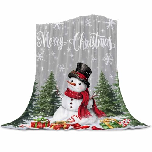 Snowman Merry Christmas Throw Blanket, Gray Winter Super Soft Warm Flannel Blankets for Bed Couch Sofa Socks Presents Xmas Tree Lightweight Fluffy Plush Bed Throws 40x50 Inch - color: Green Gray Red, size: 40''x50''